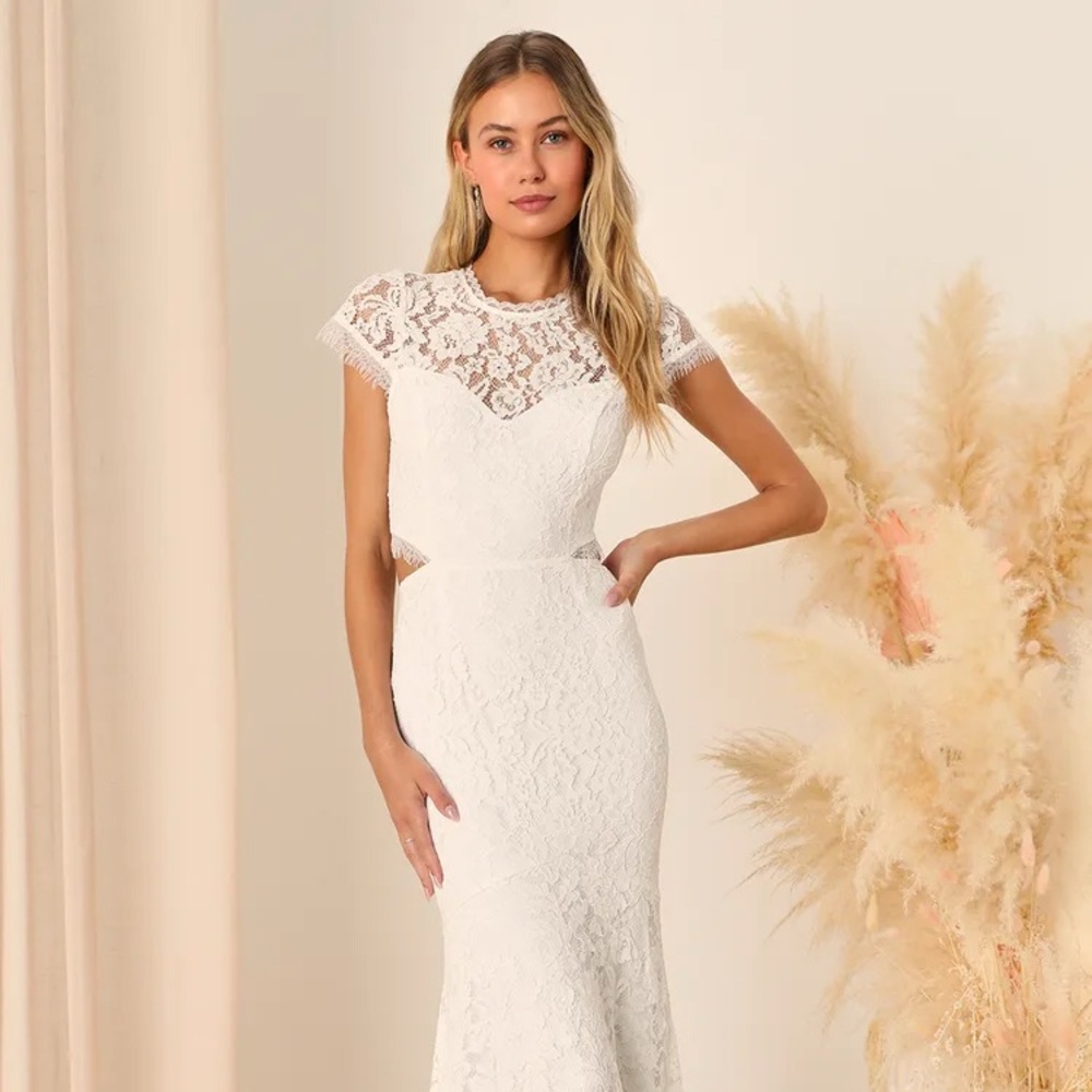 Lulu’s Devoted to Bliss White Lace Cap Sleeve Cutout Trumpet Maxi Dress